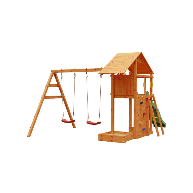 Complex joaca din lemn smart 2 cu leagane, zid de catarat si turn fungoo - okefu06760ptxx2
