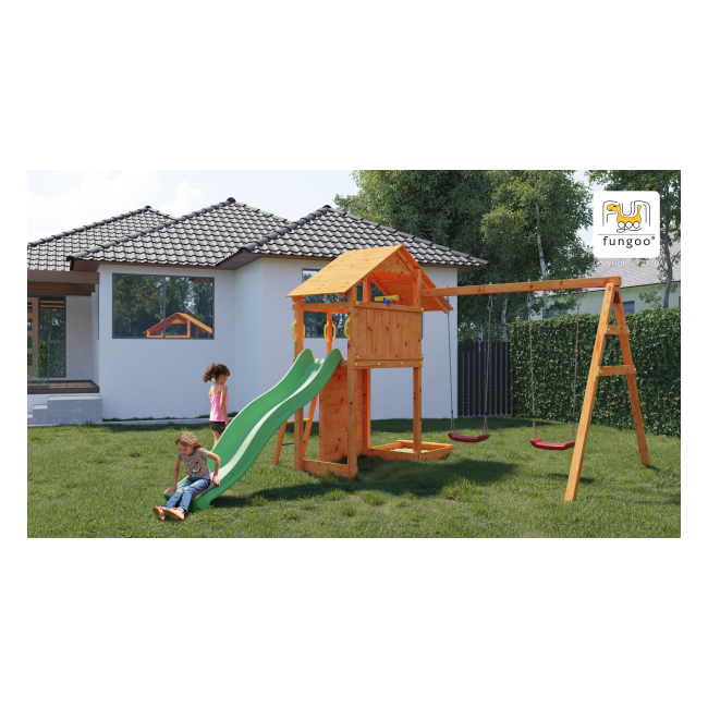 Complex joaca din lemn smart 2 cu leagane, zid de catarat si turn fungoo - okefu06760ptxx2