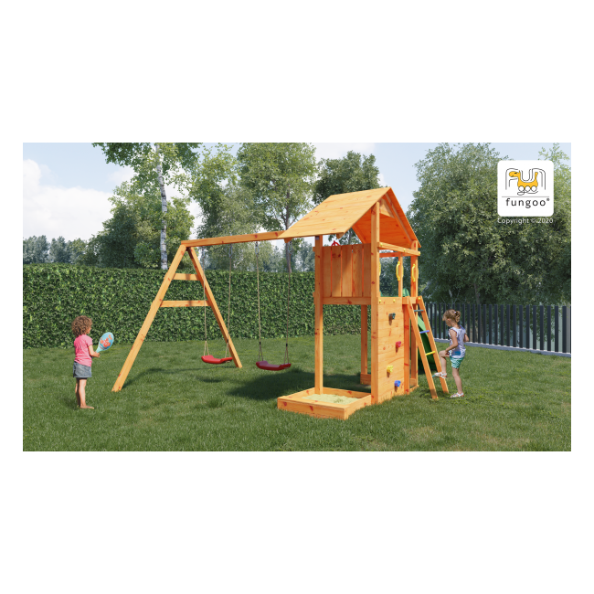 Complex joaca din lemn smart 2 cu leagane, zid de catarat si turn fungoo - okefu06760ptxx2