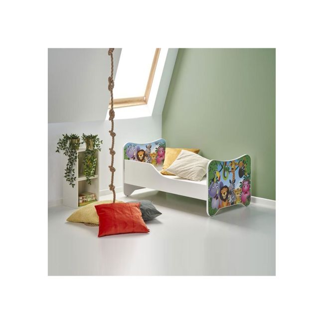 Pat pentru copii cu sertar, hm happy jungle, pal melaminat, saltea inclusa, 140x70 cm, multicolor drm10100