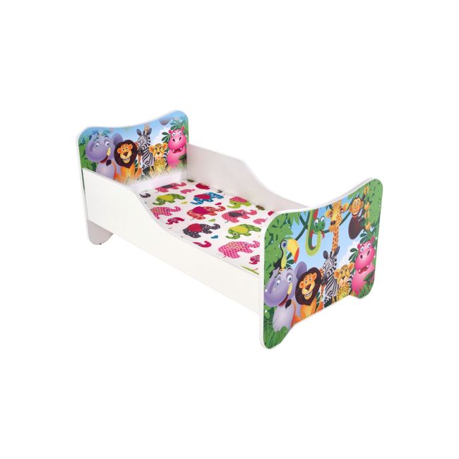 Pat pentru copii cu sertar, hm happy jungle, pal melaminat, saltea inclusa, 140x70 cm, multicolor drm10100
