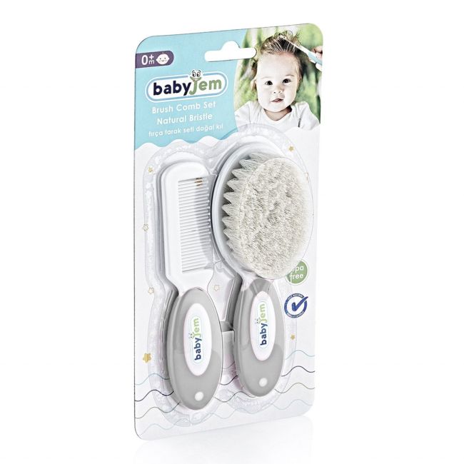 Set pieptan si perie din peri naturali BabyJem (Culoare: Gri) JEMbj_5193