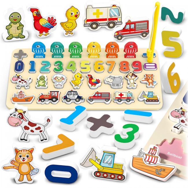 Tabla educativa din lemn cu cifre, animale si vehicule ricokids 781400  edeedi781400