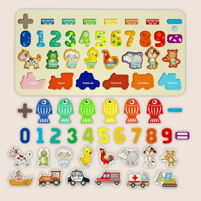 Tabla educativa din lemn cu cifre, animale si vehicule ricokids 781400  edeedi781400