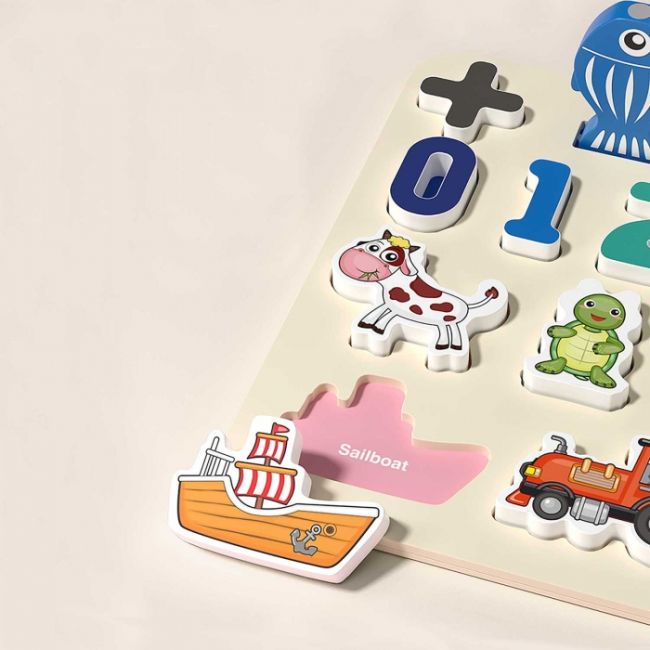 Tabla educativa din lemn cu cifre, animale si vehicule ricokids 781400  edeedi781400
