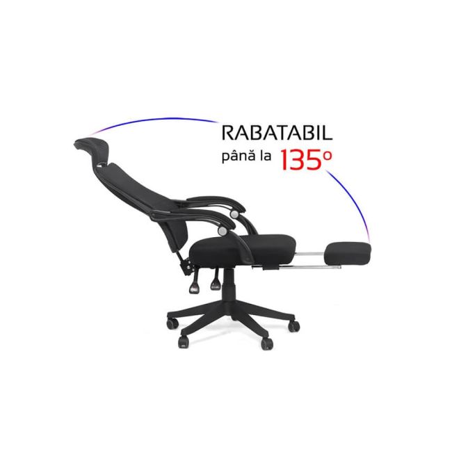 Scaun birou ergonomic off 927, mesh, recliner, suport picioare retractabil, 100 kg, negru drm8655