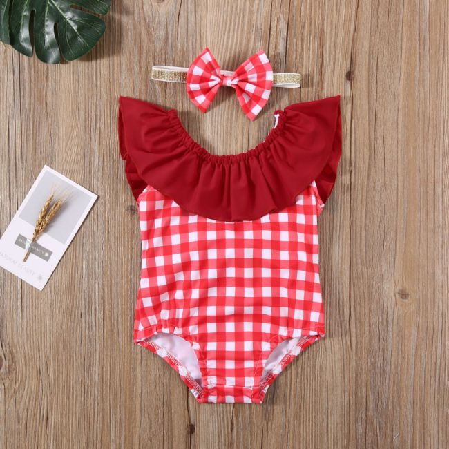 Costum de baie cu patratele rosii si bentita (Marime: 120) JEMdrl47b26