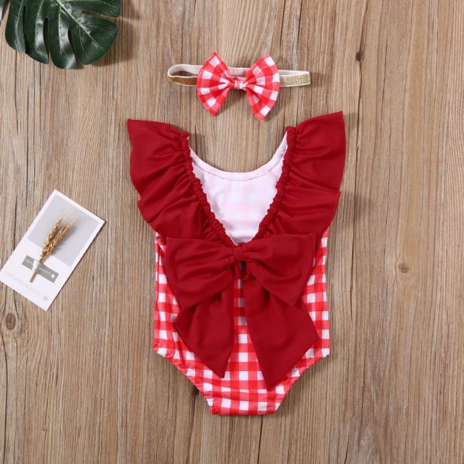 Costum de baie cu patratele rosii si bentita (Marime: 120) JEMdrl47b26