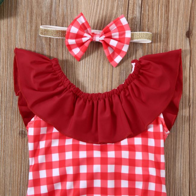 Costum de baie cu patratele rosii si bentita (Marime: 130) JEMdrl47b27