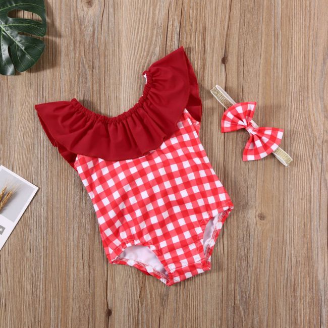 Costum de baie cu patratele rosii si bentita (Marime: 130) JEMdrl47b27