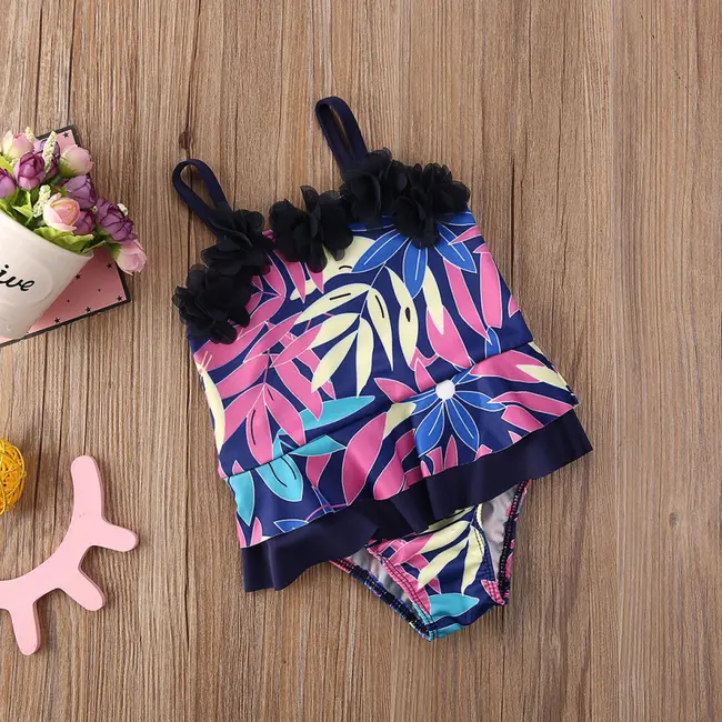 Costum de baie mov cu frunze si floricele aplicate (Marime: 110) JEMdrl47l25