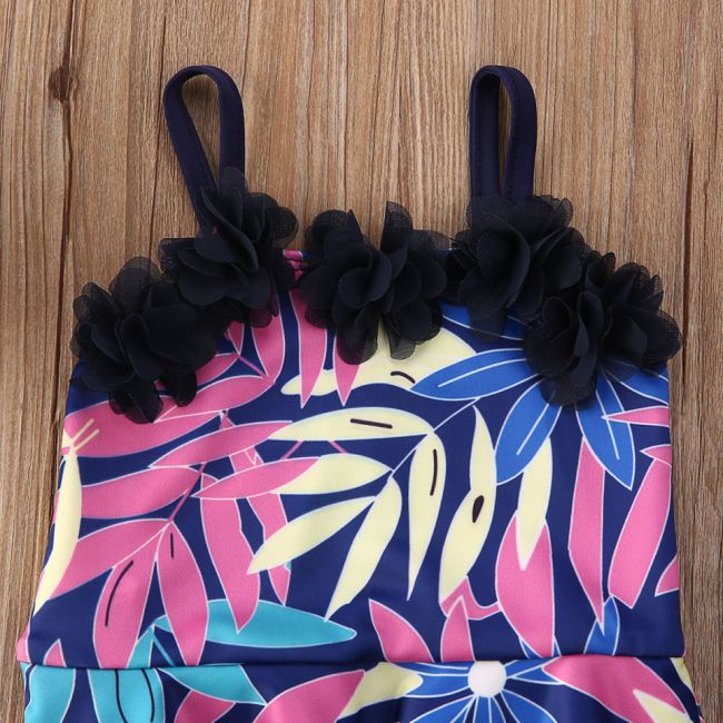 Costum de baie mov cu frunze si floricele aplicate (Marime: 110) JEMdrl47l25