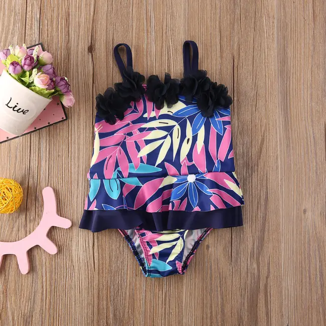 Costum de baie mov cu frunze si floricele aplicate (Marime: 90) JEMdrl47l23