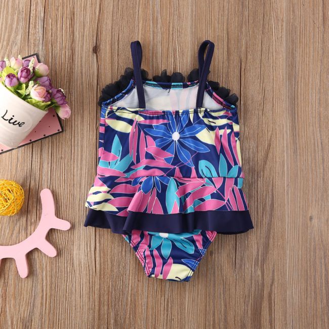 Costum de baie mov cu frunze si floricele aplicate (Marime: 90) JEMdrl47l23