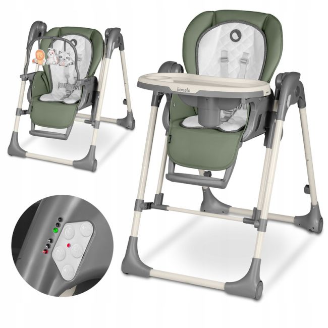 Lionelo - Scaun de masa si balansoar, 2 in 1, Laurice, Transformabil, Multifunctional, Inaltime si spatar reglabile, Cu melodii de leagan, 0 luni+, Conform cu standardele europene de securitate EN 14988, EN 16120, Verde BYNLO-LAURICE_ GREEN_OLIVE