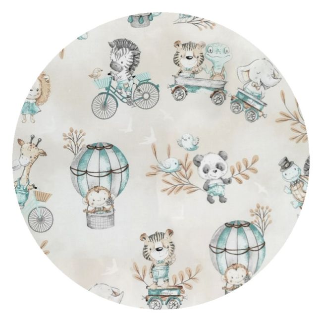 MimiNu - Set 3 cosuri rotunde cu dimensiuni generoase pentru depozitare jucarii, Cu volanase, Dimensiuni 50x35 cm, 35x30 cm, 19x23 cm, Din bumbac certificat Oeko Tex Standard 100, Design, Zoo on Bikes Nugat BYN5907501455580