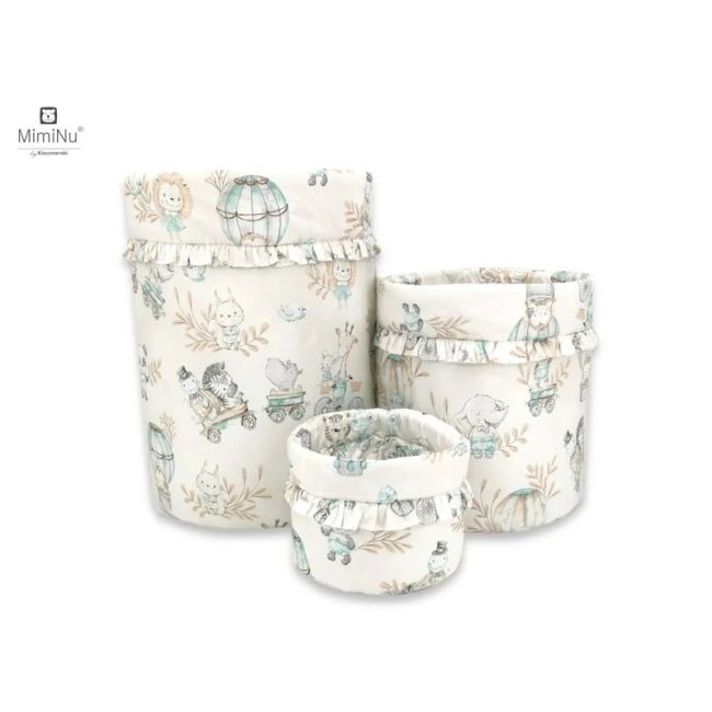 MimiNu - Set 3 cosuri rotunde cu dimensiuni generoase pentru depozitare jucarii, Cu volanase, Dimensiuni 50x35 cm, 35x30 cm, 19x23 cm, Din bumbac certificat Oeko Tex Standard 100, Design, Zoo on Bikes Nugat BYN5907501455580