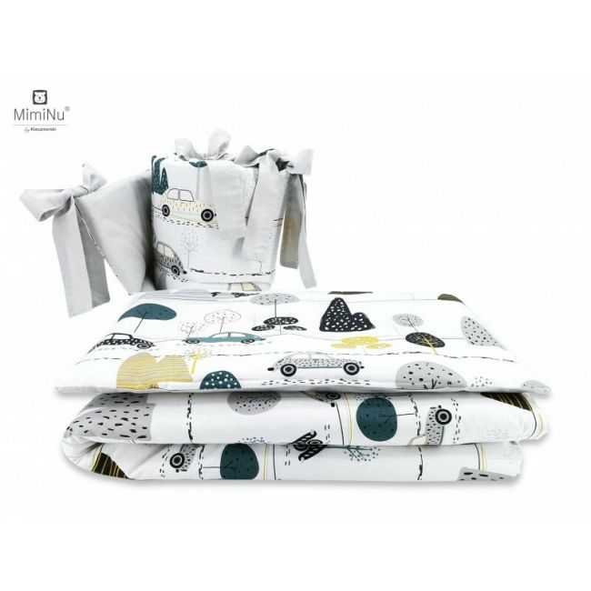 MimiNu - Set lenjerie patut cu 6 piese, Cu pilota si perna, Cu doua aparatori laterale, Din bumbac certificat Oeko Tex Standard 100, Pentru patut 120x60 cm, Childrens Journey Grey BYN6426972019347