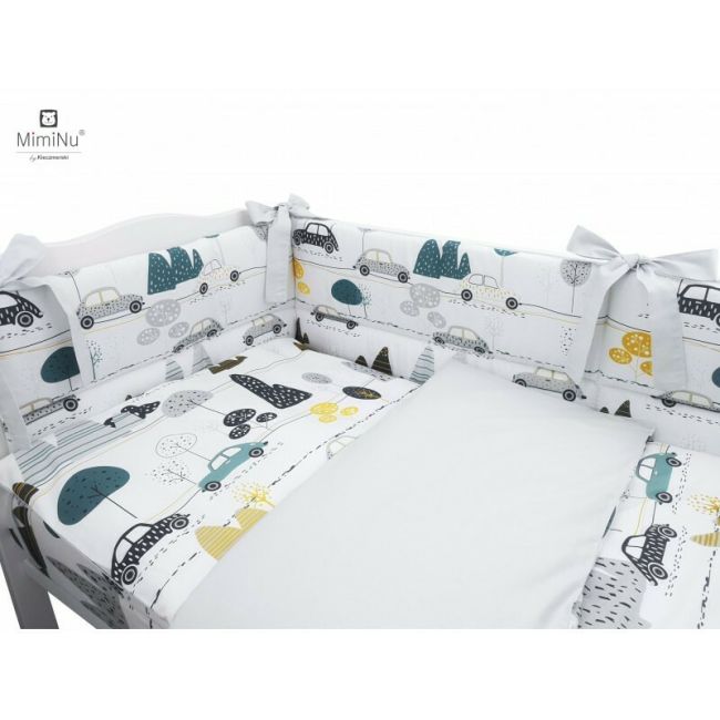 MimiNu - Set lenjerie patut cu 6 piese, Cu pilota si perna, Cu doua aparatori laterale, Din bumbac certificat Oeko Tex Standard 100, Pentru patut 120x60 cm, Childrens Journey Grey BYN6426972019347