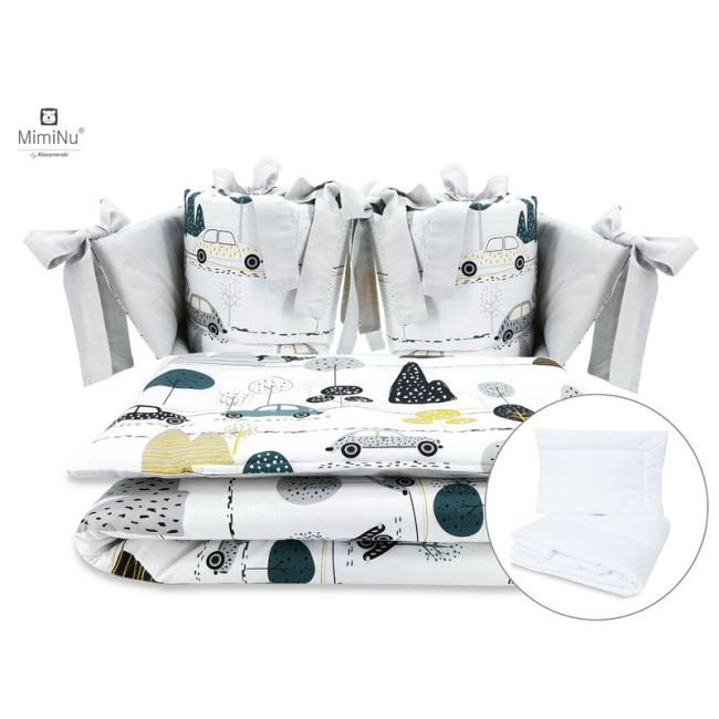 MimiNu - Set lenjerie patut cu 6 piese, Cu pilota si perna, Cu doua aparatori laterale, Din bumbac certificat Oeko Tex Standard 100, Pentru patut 120x60 cm, Childrens Journey Grey BYN6426972019347