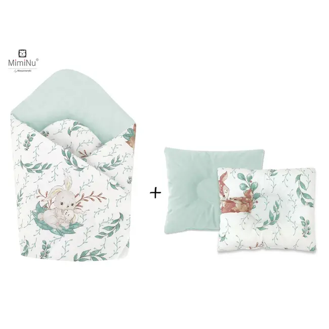 MimiNu - Set paturica de infasat cu doua fete, Dimensiune 75x75 cm + Perna bebelusi profilata, Cu doua fete, Cu functie anti-soc, Dimensiune 23x26 cm, Materiale certificate Oeko Tex Standard 100, Lulu Natural BYN5907501450059