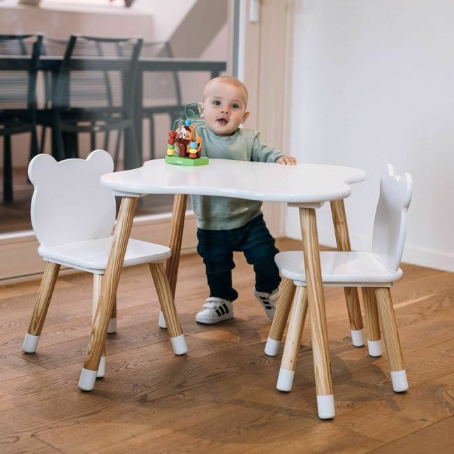 Set masuta si doua scaune pentru copii, Bear, Din lemn, Cu marginile rotunjite, FreeON, Alb BYN44282