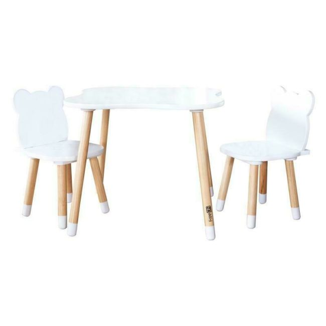 Set masuta si doua scaune pentru copii, Bear, Din lemn, Cu marginile rotunjite, FreeON, Alb BYN44282