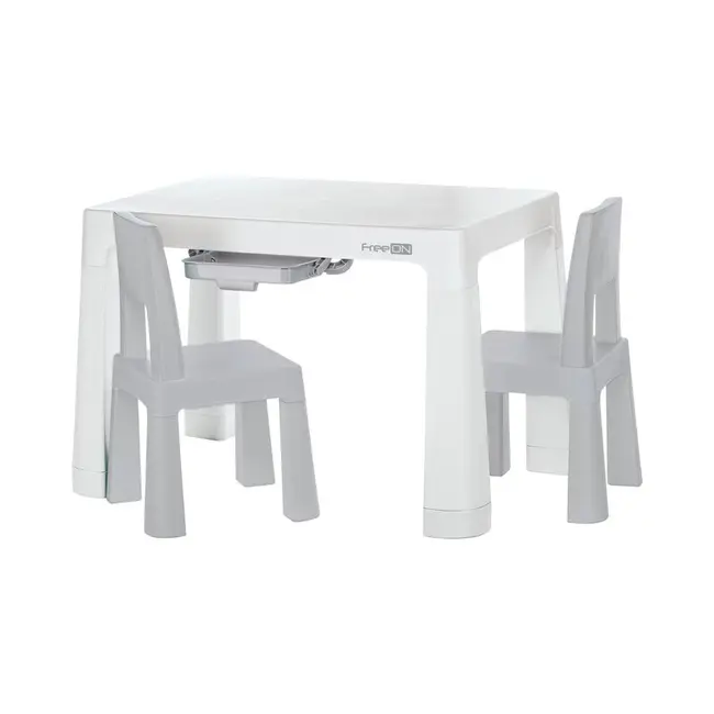Set masuta si doua scaune pentru copii, Neo, Cu doua sertare, Cu masa reglabila la doua inaltimi, FreeON, Gri BYN46620