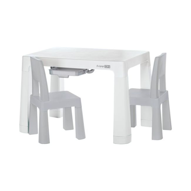 Set masuta si doua scaune pentru copii, Neo, Cu doua sertare, Cu masa reglabila la doua inaltimi, FreeON, Gri BYN46620