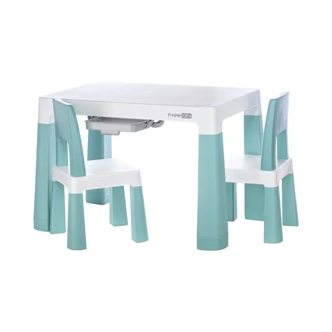 Set masuta si doua scaune pentru copii, Neo, Cu doua sertare, Cu masa reglabila la doua inaltimi, FreeON, Verde BYN46637