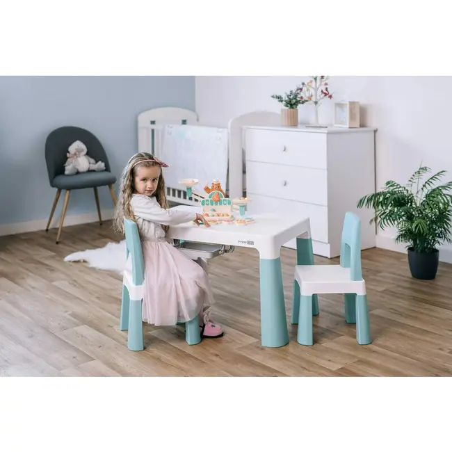 Set masuta si doua scaune pentru copii, Neo, Cu doua sertare, Cu masa reglabila la doua inaltimi, FreeON, Verde BYN46637