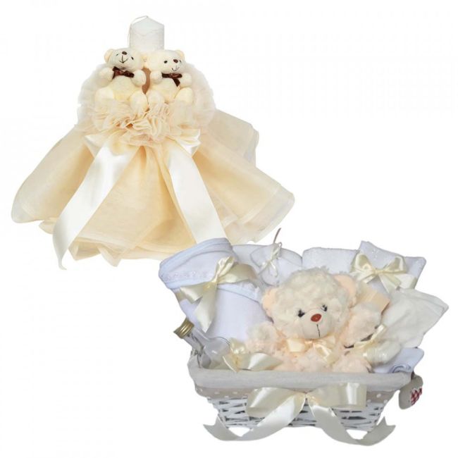Cos cadou botez lumanare si trusou, Ursuleti, decor Ivoire, Denikos® 635 NKO3053