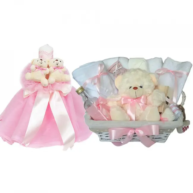 Cos cadou botez lumanare si trusou, Ursuleti, decor Roz, Denikos&reg; 636 NKO3054