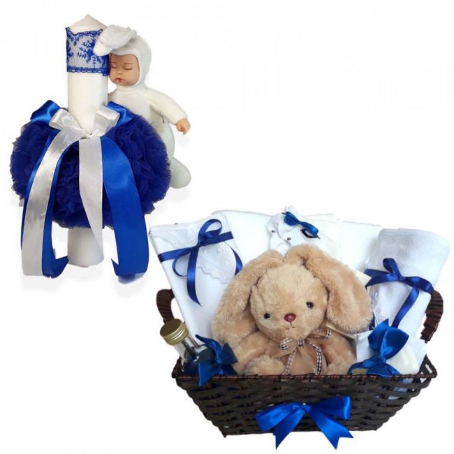 Cos cadou botez trusou si lumanare, Iepuras, decor Albastru, Denikos® 659 NKO3077
