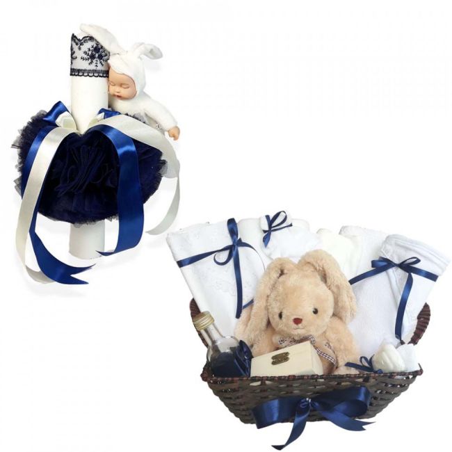 Cos cadou botez trusou si lumanare, Iepuras, decor Bleumarin, Denikos® 660 NKO3078