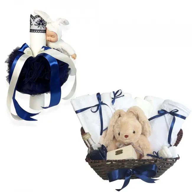 Cos cadou botez trusou si lumanare, Iepuras, decor Bleumarin, Denikos&reg; 660 NKO3078