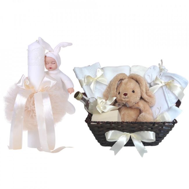 Cos cadou botez trusou si lumanare, Iepuras, decor Ivoire, Denikos® 661 NKO3079