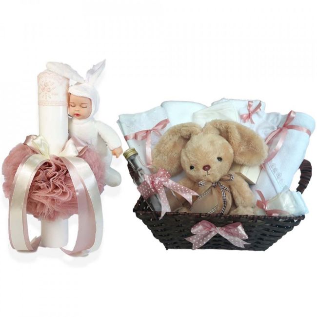 Cos cadou botez trusou si lumanare, Iepuras, decor Roz pudra, Denikos® 664 NKO3082