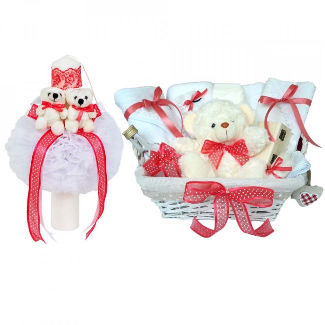 Cos cadou botez trusou si lumanare, Ursuleti, decor Corai, Denikos® 628 NKO3047