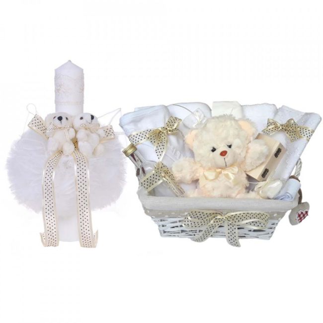 Cos cadou botez trusou si lumanare, Ursuleti, decor Ivoire, Denikos® 629 NKO3046