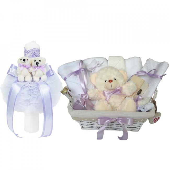Cos cadou botez trusou si lumanare, Ursuleti, decor Lila, Denikos® 631 NKO3049