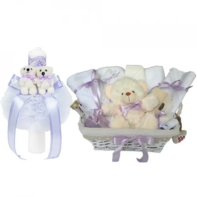 Cos cadou botez trusou si lumanare, Ursuleti, decor Lila, Denikos&reg; 631 NKO3049