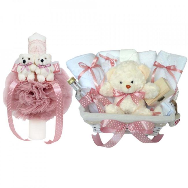 Cos cadou botez trusou si lumanare, Ursuleti, decor Roz Pudra, Denikos® 630 NKO3048