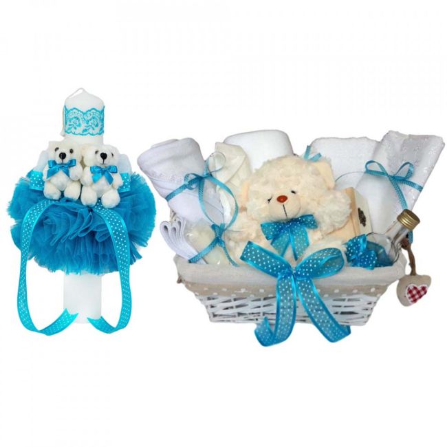 Cos cadou botez trusou si lumanare, Ursuleti, decor Turcoaz, Denikos® 634 NKO3052