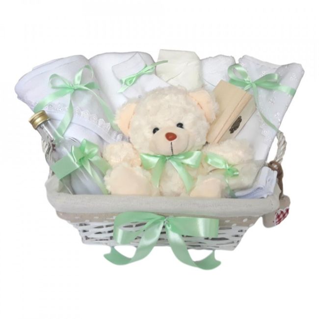 Cos cadou elegant, trusou botez, Ursulet, decor Verde, 12 piese, Denikos® 649 NKO3067