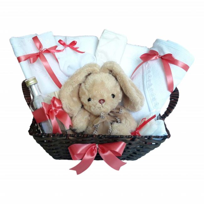 Cos cadou trusou botez, Iepuras, decor Corai, 12 piese, Denikos® 652 NKO3070