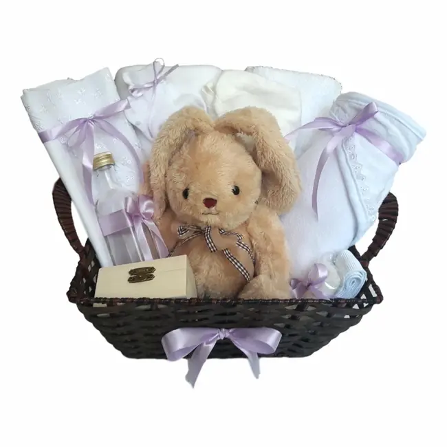Cos cadou trusou botez, Iepuras, decor Lila, 12 piese, Denikos&reg; 655 NKO3073