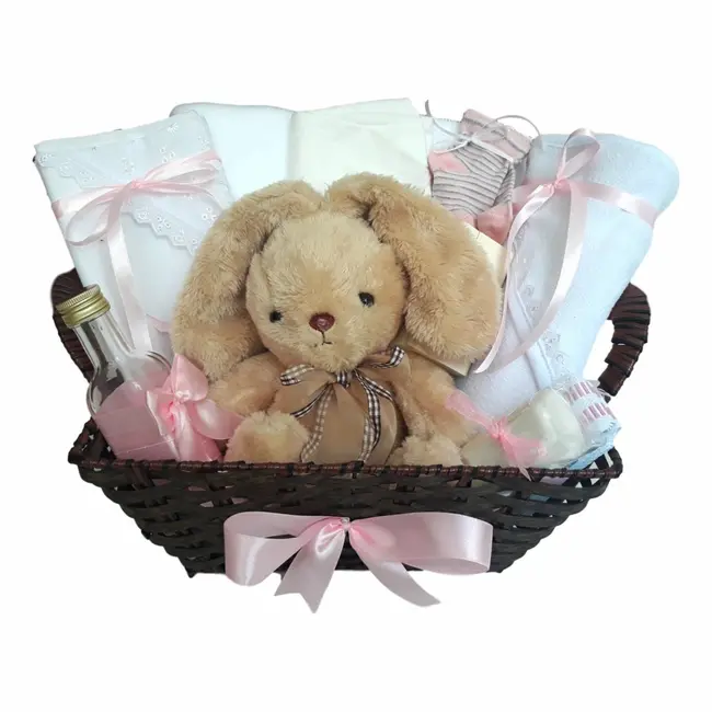 Cos cadou trusou botez, Iepuras, decor Roz, 12 piese, Denikos&reg; 658 NKO3076