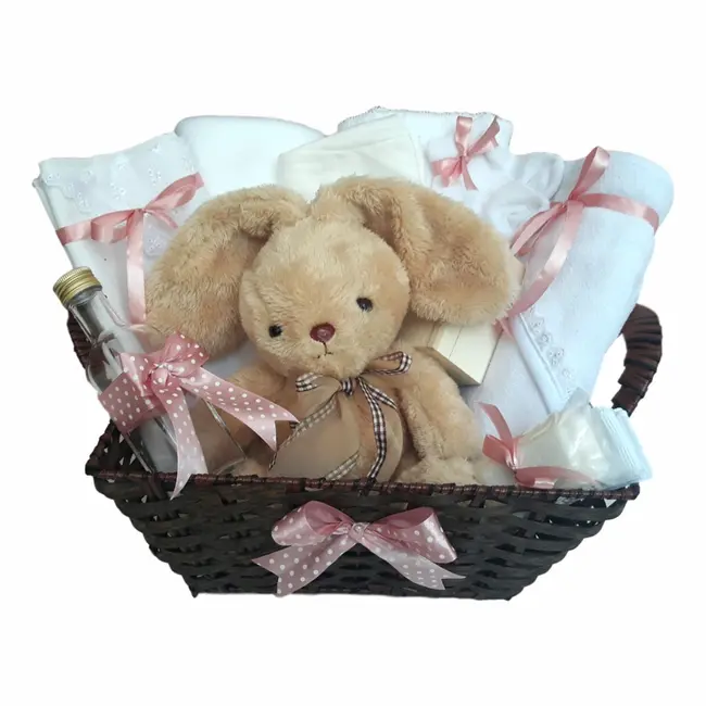 Cos cadou trusou botez, Iepuras, decor Roz prafuit, 12 piese, Denikos&reg; 653 NKO3071