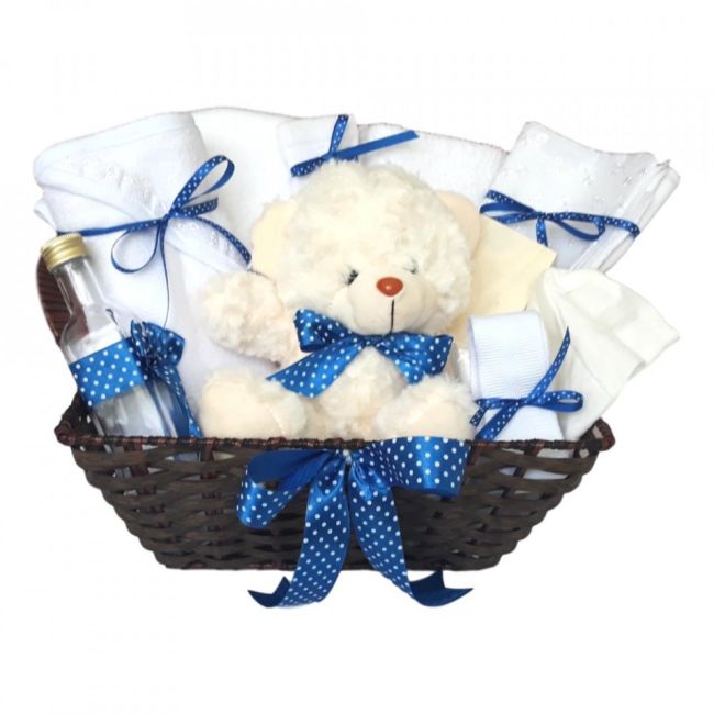 Cos cadou trusou botez, Ursulet, decor Albastru buline, 12 piese, Denikos® 638 NKO3056